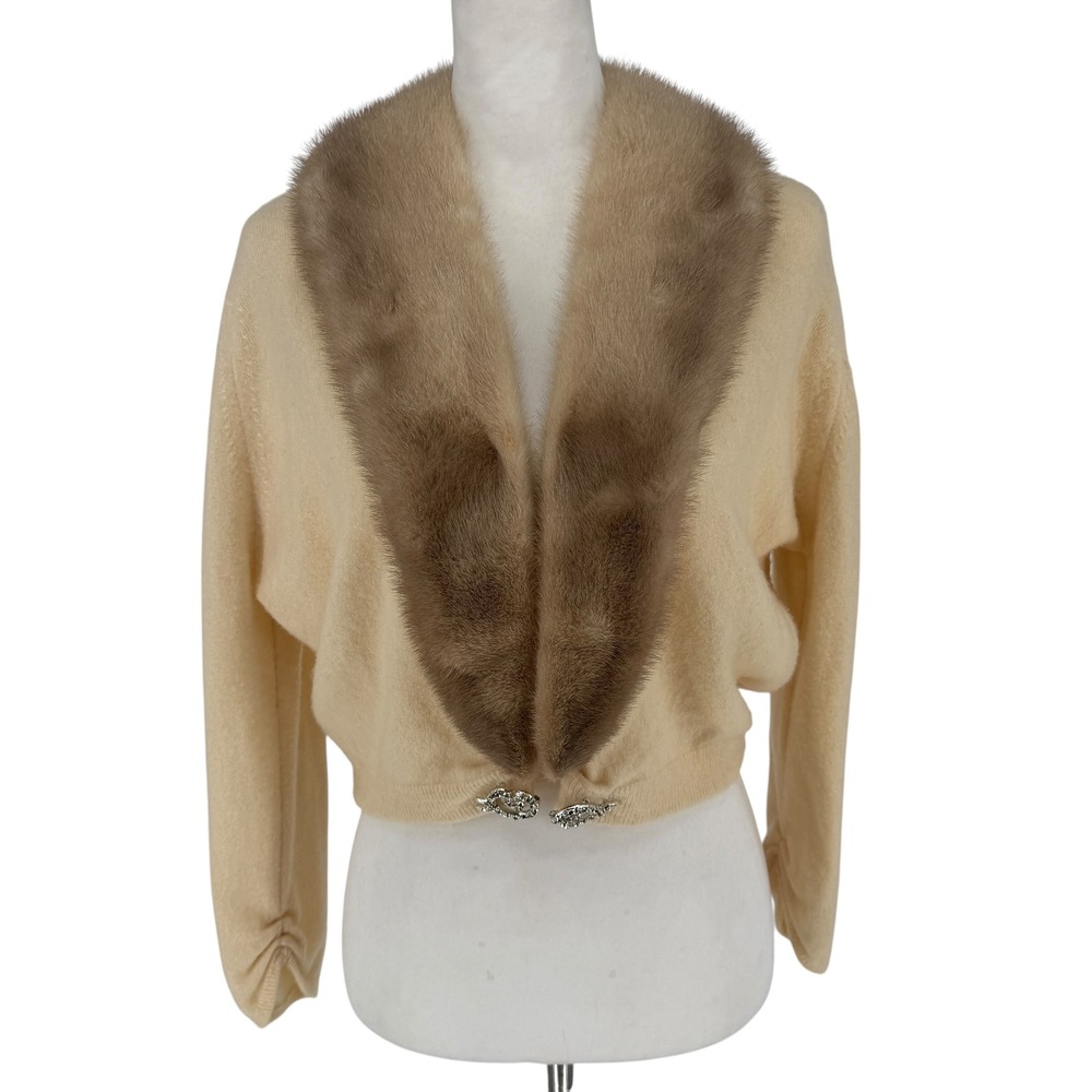 Barton VTG 60s 100% Cashmere Mink Fur Collar‎ Cropped Cardigan Sweater Cream M
